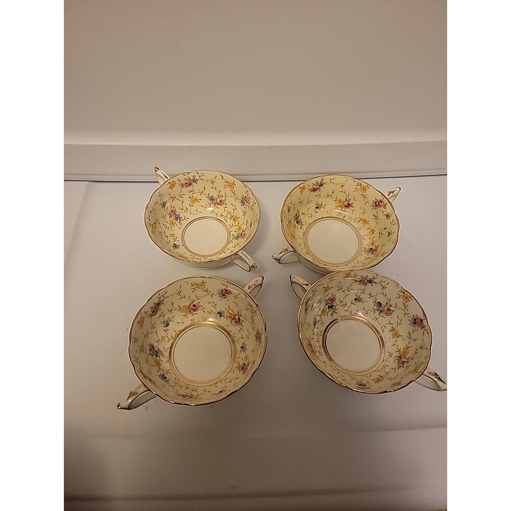 Lot Of 4 Paragon Double Handle Floral Cups Chintz Yellow Pink Flowers By Appt